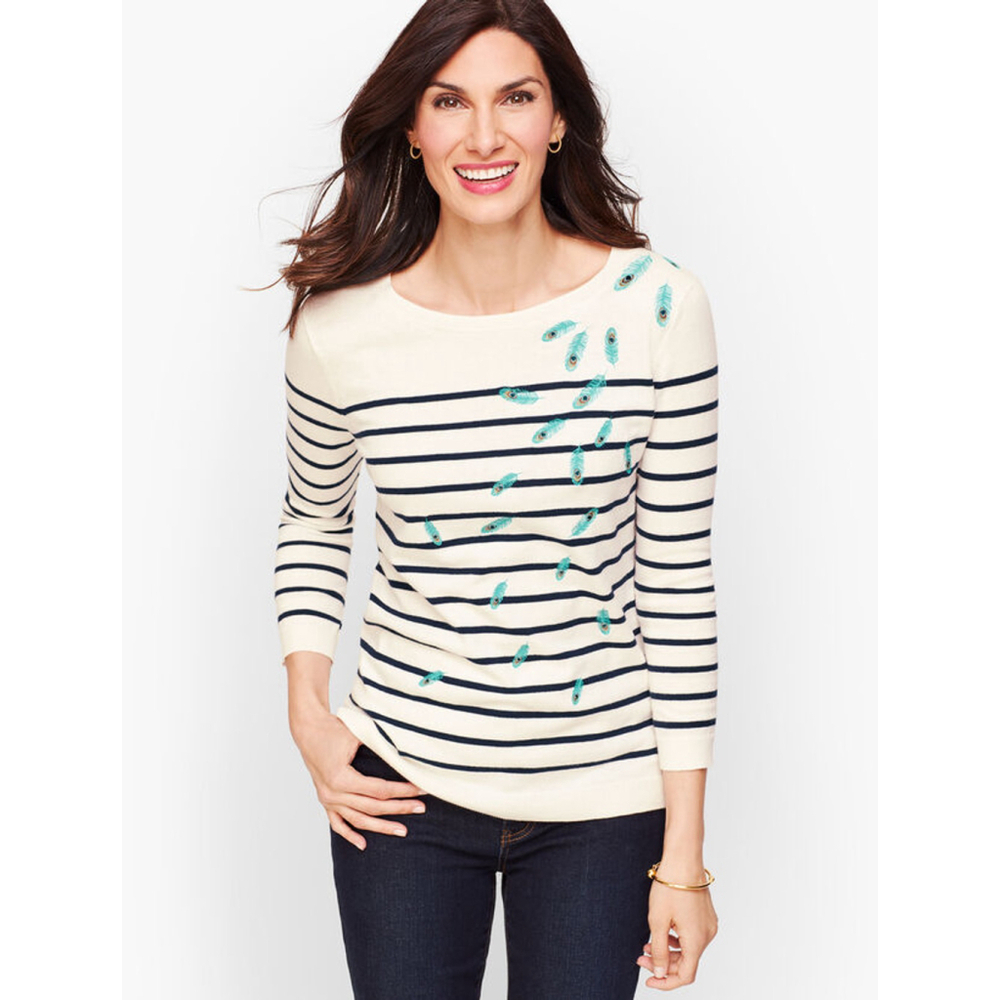 Talbots Embroidered Feathers Sweater Womens L Large White Striped Knit Pullover